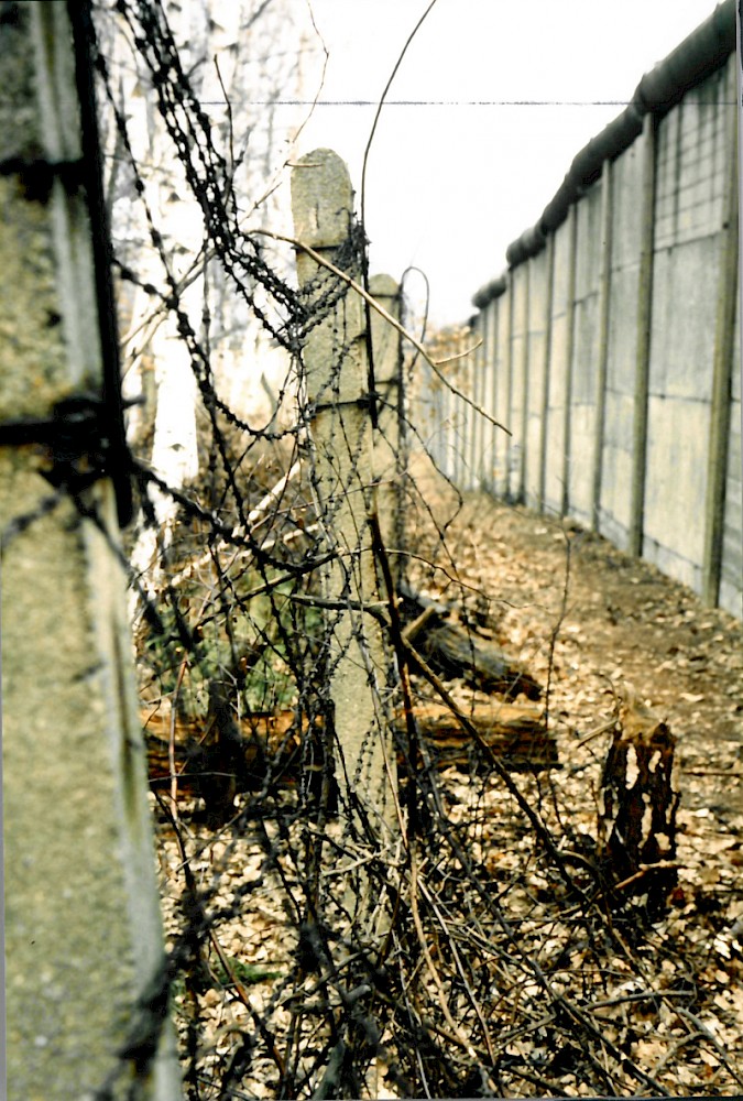 Berlin, ca. 1986 – Stacheldraht und Betonstelen vor der Betonplattenmauer bei Lübars (Fotograf: Detlef Gallinge)